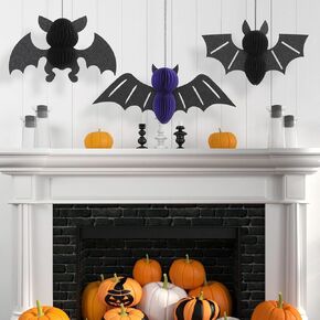 3Pcs Halloween Bat Hanging Decorations, Honeycomb Bats for Indoor Spooky Party, Haunted House Decor, Halloween Window Decorations Black & Gray