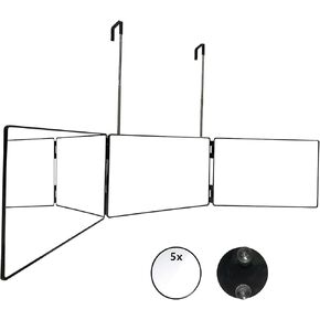 3 Way Mirror for Hair Cutting with Trifold Mirror，Dye Hair and Makeup with Adjustable Height Brackets Perfect for Haircuts Grooming Makeup Anywhere 5X Magnification Mirror (Bright Black（without Led）)