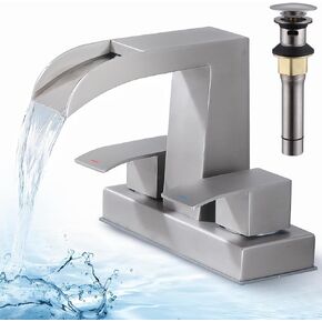4 Inch Centerset Faucet 2 Handles Waterfall Bathroom Sink Faucet with Pop Up Drain Stopper & Supply Lines - 2 or 3 Hole Lavatory Faucet Bathroom Vanity Mixer Tap Basin Faucets, Matte Black