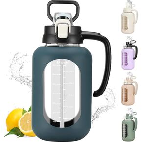 64 oz Glass Water Bolttles Half Gallon Large Motivational Water Bottle with Time Marker Sports Water Bottles with Silicone Sleeve and Handle Lid Water Jug for Gym Workout-1 Pack