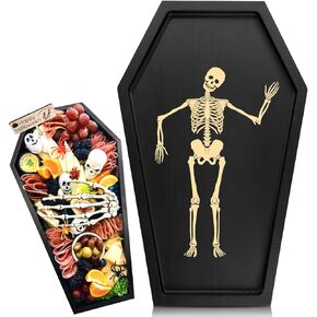 Halloween Coffin Charcuterie Boards,Wood Coffin Serving Trays and Platters with Engraved Skeleton Decor,Black Cheese Board Candy Bowl Gothic Kitchen Dishes Decor for Halloween Party