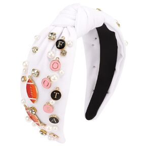 Football Headband for Women, Knotted Pearl Rhinestone Jeweled Headband for Football Mom Fans, Football Headbands Hair Accessories Game Day Outfits for Women (White)