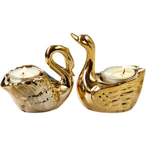 Set of 2 Gold Swan Ceramic Tealight Candle Holders for Living Room & Bathroom Decorations - Centerpieces for Wedding & Dining Room, Coffee Side Tables & Shelf Decor - Holiday & Birthday Gifts