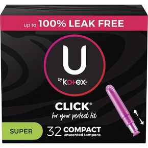 U by Kotex Click Compact Tampons, Super Absorbency, Unscented, 32 Count