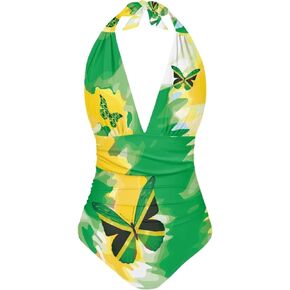 Women's Tummy Control Swimwear One Piece V Neck Swimsuit Sexy Halter Ruched Vintage Slimming Bathing Suit