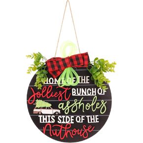 ibasenice Christmas Wood Hanging Sign - Christmas Welcome Door Sign Home of the Jolliest Door Hanger Holiday Front Door Decoration