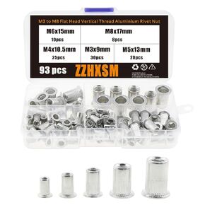 1 Set of 93 Pieces M3 to M8 Flat Head Vertical Thread Aluminium Rivet Nut Silver Rivet Nut Flat Head Insert Nut for Decoration Car Furniture