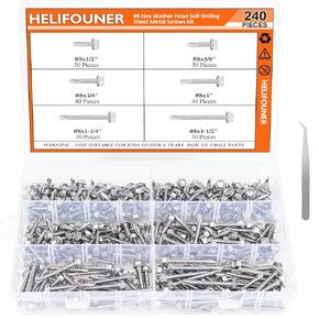 240 Pieces #8 x1/2", 5/8", 3/4", 1", 1-1/4", 1-1/2" Pan Head Self Drilling Screws Sheet Metal Screws Assortment Kit, 410 Stainless Steel
