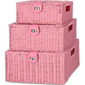 Honygebia Grey Wicker Storage Baskets - Set of 3 Decorative Nesting Boxes with Lids, Woven Basket with Lock & Handle, Organizer for Beauty Makeup Bathroom Decor