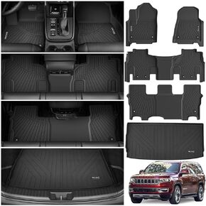 Floor Mats & Cargo Liner for 2022 2023 2024 Jeep Wagoneer (8 Passenger Model) with 2nd Row Bench Seat All Weather Protection TPE Rubber Full Set Automotive Mat Accessories, Black