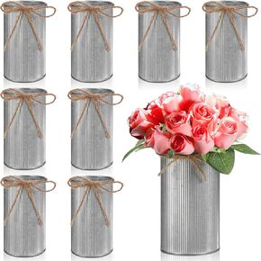 Domensi 5.91 in High Farmhouse Vase Decor Galvanized Metal Flower Vase with Twine Bow Vintage Rustic Vase Tin Flower Buckets for Artificial Floral Table Container DIY (Iron Color,24 Pcs)