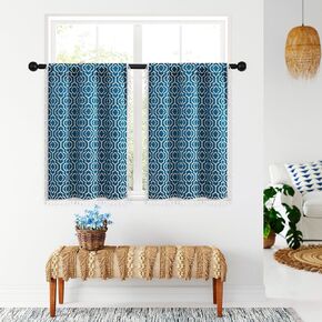 MitoVilla Boho Kitchen Valances for Windows, Blue Abstract Geometric Valance Curtains for Living Room/Bedroom, French Country Cotton Fabric Topper Window Curtain with Tassel, 52’’W x 18’’L