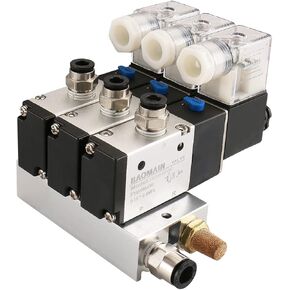 Baomain 3 Space Pneumatic Solenoid Valve 3V210-08 24VDC PT1/4 2 Position 3 Way with Base Muffler Quick Fittings Set