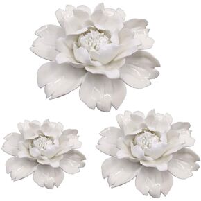 YKLL 3 Pack White Peony Handmade 3D Ceramic Flower Wall Décor Pediments Wall Art for Living Room Home Hallway Bedroom Kitchen Farmhouse Bathroom Dining Room, Porcelain Flower Wall Decor