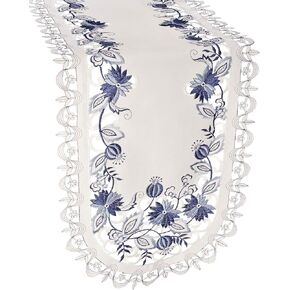 Embroidered Delft Blue Onion Flower Table Runner, Dresser Scarf, Doily (15Wx54L)