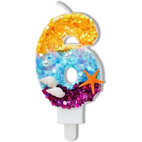 Birthday Number Candles 6, Blue Purple Birthday Candles 6 for Mermaid Themed Parties and an Under The sea Party Supplies
