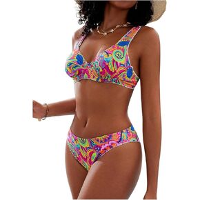 Women's 2 Piece Printed Bathing Suit Boho Wireless Tie Back Bikini Sets V Neck Swimsuit Set