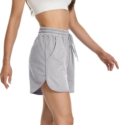 Womens Casual Sweat Shorts Curvy Hem Summer Cotton Lounge Shorts Drawstring Jersey Athletic Workout Shorts with Pockets in Saudi Arabia
