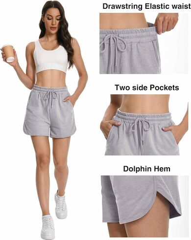 Womens Casual Sweat Shorts Curvy Hem Summer Cotton Lounge Shorts Drawstring Jersey Athletic Workout Shorts with Pockets in Saudi Arabia