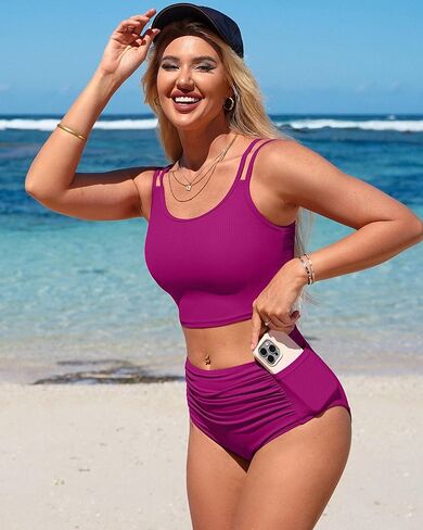 طقم بيكيني من شارمو عالي الخصر للنساء مكون من قطعتين بدلة سباحة رياضية قصيرة للتحكم في البطن مع جيوب in Kuwait