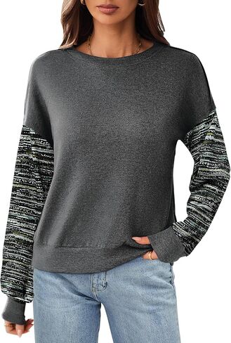 Halife Womens Long Sleeve Tops Casual Crew Neck Cropped Sweatshirts Multi Color Striped Sleeves Loose shirts Fall Outfits in Saudi Arabia