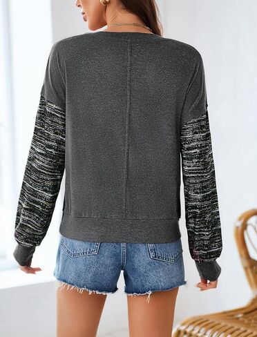 Halife Womens Long Sleeve Tops Casual Crew Neck Cropped Sweatshirts Multi Color Striped Sleeves Loose shirts Fall Outfits in Saudi Arabia