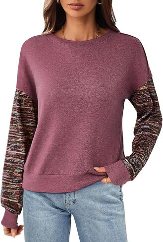 Halife Womens Long Sleeve Tops Casual Crew Neck Cropped Sweatshirts Multi Color Striped Sleeves Loose shirts Fall Outfits in Saudi Arabia