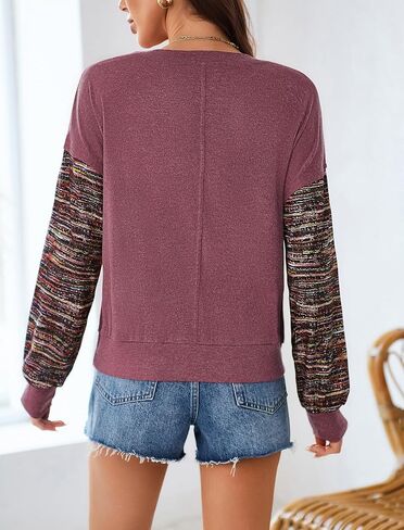 Halife Womens Long Sleeve Tops Casual Crew Neck Cropped Sweatshirts Multi Color Striped Sleeves Loose shirts Fall Outfits in Saudi Arabia