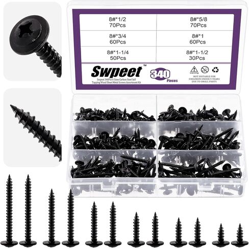 340 قطعة من Swpeet 6 مقاسات #8 × 1/2 بوصة، 5/8 بوصة، 3/4 بوصة، 1 بوصة، 1-1/4 بوصة، 1-1/2 بوصة مجموعة متنوعة من براغي خشبية برأس تروس معدلة من فيليبس، فولاذ فوسفات أسود مسامير التنصت على الصفائح المعدنية مسامير الحفر الذاتي in Saudi Arabia