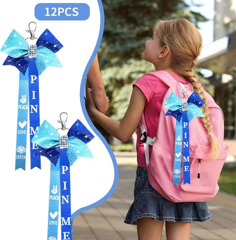 12PCS Cheer Pin Strap Pin Me Ribbon for Backpack Glitter Cheerleader Keychain Cheer Gifts Cheer Bow Pin Holder Bag in Saudi Arabia