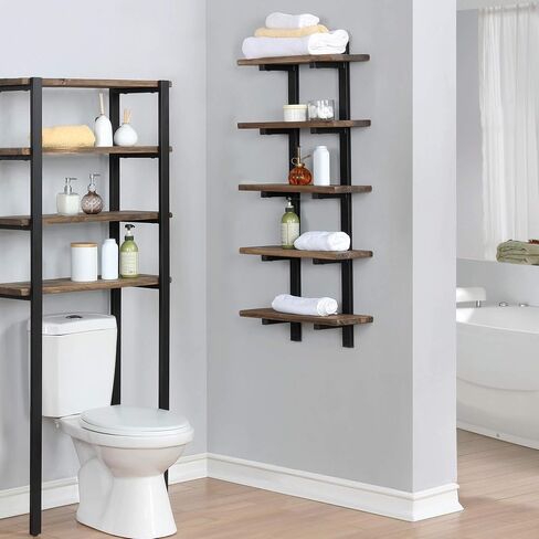 Alaterre Furniture Pomona 36" Tall 4-Shelf Metal and Solid Wood Bath Wall Shelf, Durable Natural Finish, Rustic Industrial Style for Any Room, Hangs Easily w/ EZ Drywall Anchors, 8" Deep in Saudi Arabia