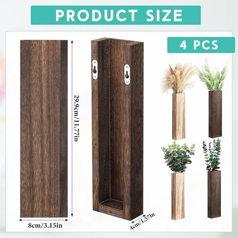 4 عبوات من مزهريات الحائط الخشبية المعلقة على الحائط، مزارعات جدارية خشبية طبيعية ريفية للأماكن الداخلية، جيب ديكور للحائط للنباتات الجدارية الصناعية، والزهور المجففة، وغرفة المعيشة، وتزيين المكاتب والمزرعة in Kuwait