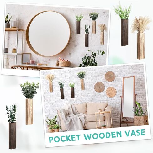 4 عبوات من مزهريات الحائط الخشبية المعلقة على الحائط، مزارعات جدارية خشبية طبيعية ريفية للأماكن الداخلية، جيب ديكور للحائط للنباتات الجدارية الصناعية، والزهور المجففة، وغرفة المعيشة، وتزيين المكاتب والمزرعة in Kuwait