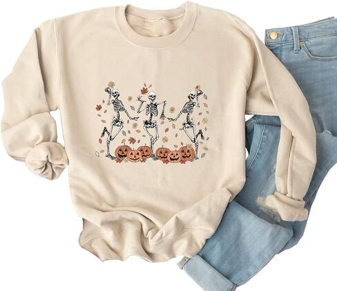 Yimoya Vintage Halloween Sweatshirt for Women Dancing Skeleton Sweatshirt Cute Pumpkin Sweater Blouse Tops in Saudi Arabia