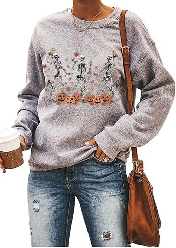 Yimoya Vintage Halloween Sweatshirt for Women Dancing Skeleton Sweatshirt Cute Pumpkin Sweater Blouse Tops in Saudi Arabia