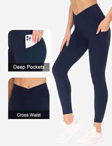 THE GYM PEOPLE Women's Cross Waist Workout Leggings Tummy Control High Waisted Athletic Yoga Pants with Pockets in Kuwait