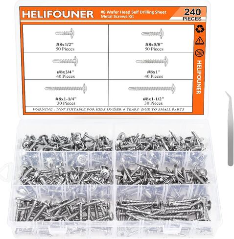 240 Pieces #8 x1/2", 5/8", 3/4", 1", 1-1/4", 1-1/2" Pan Head Self Drilling Screws Sheet Metal Screws Assortment Kit, 410 Stainless Steel in Saudi Arabia