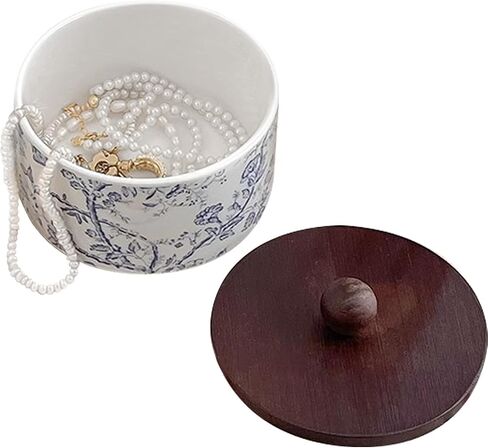 Ceramic Jewelry Box with Wood Lid Blue White Jewelry Case Ring Holder Trinket Vintage Floral Porcelain Round Jewelry Box Trinket for Rings Earrings Necklace Bracelet Keys (Small) in Saudi Arabia