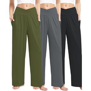 3 Pack Womens Wide Leg Yoga Pants Crossover High Waisted Casual Loose Lounge Sweatpants with Pockets