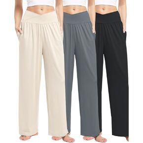 3 Pack Womens Wide Leg Yoga Pants Crossover High Waisted Casual Loose Lounge Sweatpants with Pockets in Kuwait