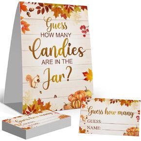 Guess How Many Candies Are in the Jar, Water Color Pumpkin Maple Leaf Squirrel Halloween Insertion Ticket(1 Standing Sign + 50 Guessing Cards),Baby Shower, Bridal Shower Game Decoration Set
