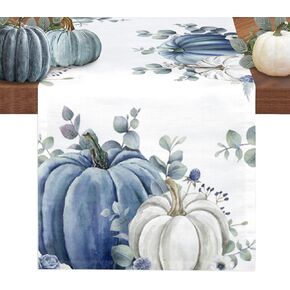 Fall Thanksgiving Table Runner 36 Inches, Grey Blue Pumpkin Weeping Eucalyptus Leaves Bed Runner Dresser Scarves Tabletop for Indoor Outdoor Parties/Ceremony/Banquet, 13"x 36"