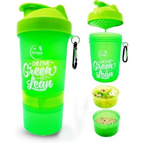 Shaker Bottle with Stackable Compartments - 22 Ounce Bottle + Pill Organizer + 2 Storage Compartments