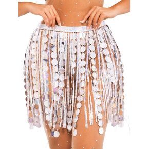 TWINKLEDE Sequin Skirt Silver Dots Fringe Skirts Belly Dance Hip Scarf Sparkly Rave Skirts for Women
