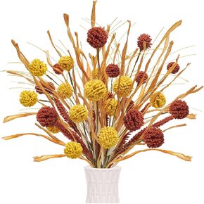 4Pcs Artificial Fall Floral Stems 19 inch Fake Autumn Bill Balls Flower Pick Faux Fall Craspedia Decorations for Vases Home Kitchen Table Wedding Thanksgiving Party