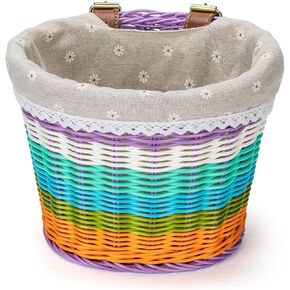 CXWXC Kids Bike Basket - Front Bicycle Bike Basket for Girls - Handmade Woven Wicker Bike Baskets with Liner Detachable, Adjustable PU Straps