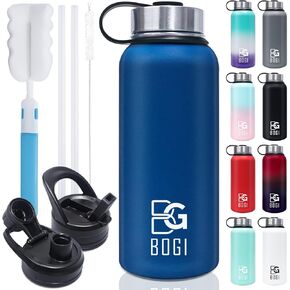 BOGI Insulated Water Bottle 32 oz, Double Wall Vacuum Stainless Steel Water Bottle with Straw and 3 Lids, Sweat-Proof Wide Mouth Metal Water Bottle Keeps Hot or Cold for Sports Gym Office (Blue Pink)