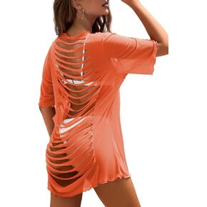 Herseas Womens Mesh Ripped Swimsuit Coverup Solid Sheer Bathing Suit Cover Ups Sexy Pullover Beach Dresses Without Bikini