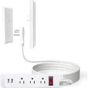 addlon Flat Plug Power Strip with Ultra-Thin Wall Plate, 6 FT Flat Extension Cord with 3 Standard 15A Outlets & 2 USB Ports, Electrocution Protection, Includes 2 Sets of Fixing Clip, ETL Listed