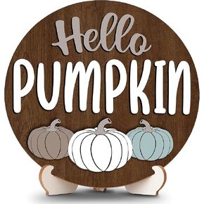 Hello Fall Wooden Sign Decor with Stand, Pumpkin Table Signs for Autumn Desk Centerpieces, Thanksgiving Wood Decorations for Home Room Kitchen Tabletop Decor -A08